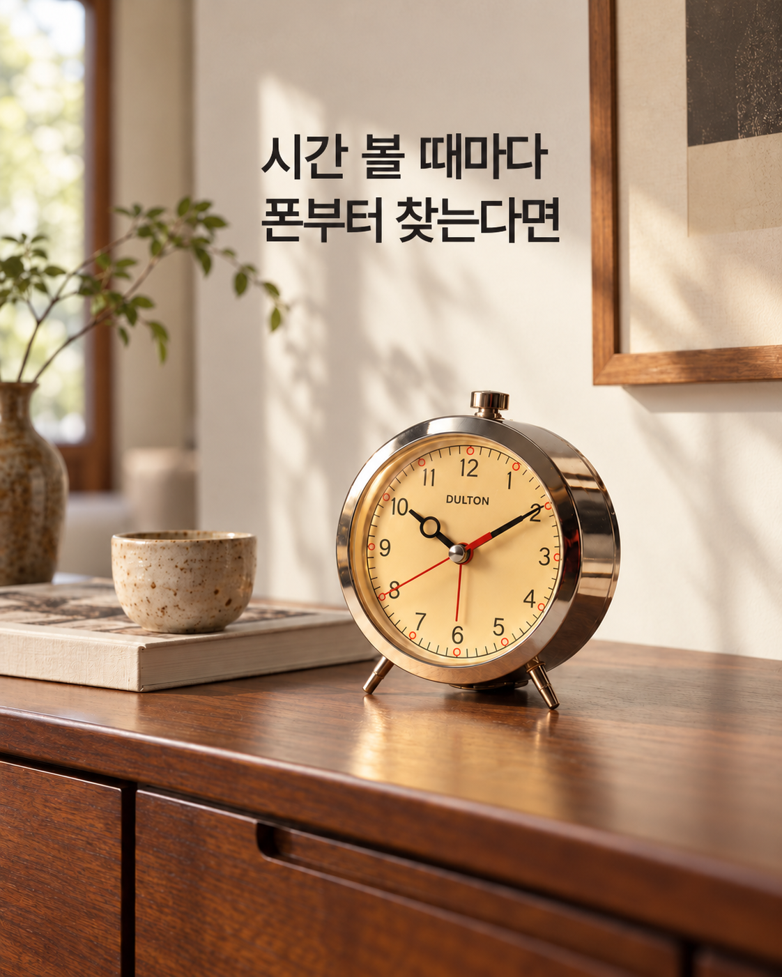 원목 가구 위 크롬 색상의 레트로 탁상시계. 상품을 참고한 AI 연출 이미지.