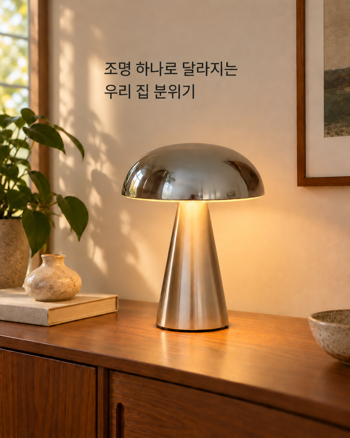 원목 가구 위에 놓인 은색 머쉬룸 조명 한 개. 상품을 참고한 AI 연출 이미지.