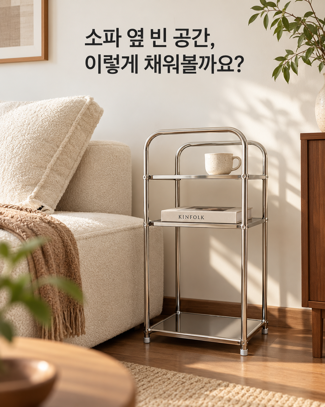 소파 옆에 놓인 은색 3단 사이드테이블. 상품을 참고한 AI 연출 이미지.